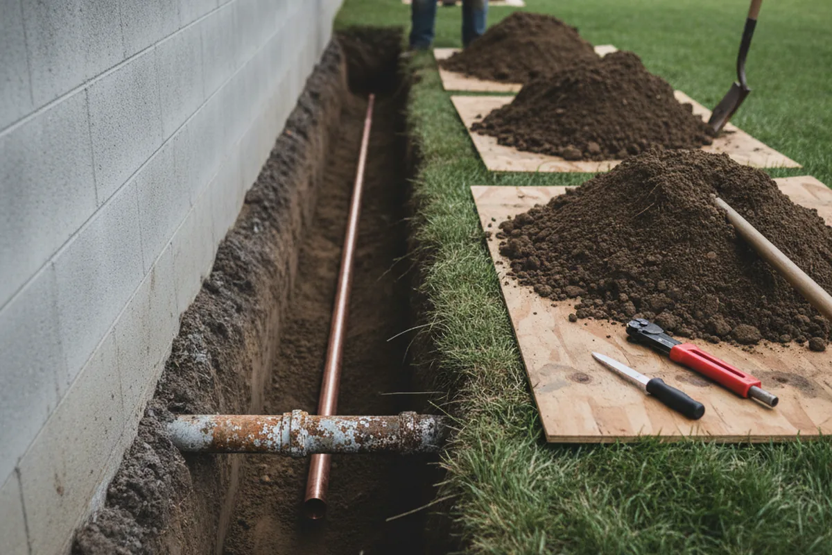 Excavated water line trench during Water Softener Installation in Plainview